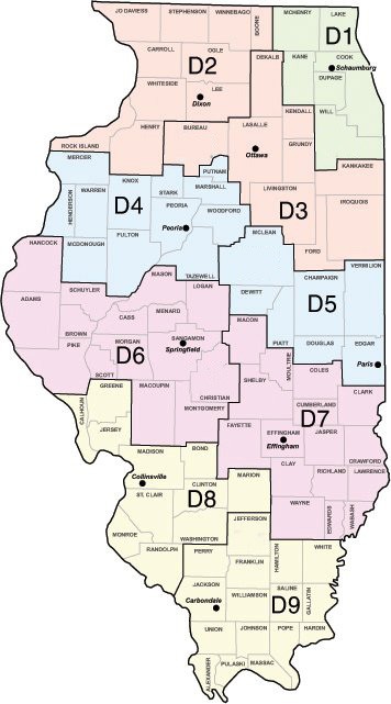 Map of Illinois Department of Transportation regions and districts.
